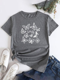 Thumbnail for Women's Butterfly Print Round Neck Short Sleeve T-Shirt - K - 12 COLORS -