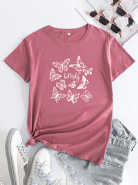 Thumbnail for Women's Butterfly Print Round Neck Short Sleeve T-Shirt - K - 12 COLORS -