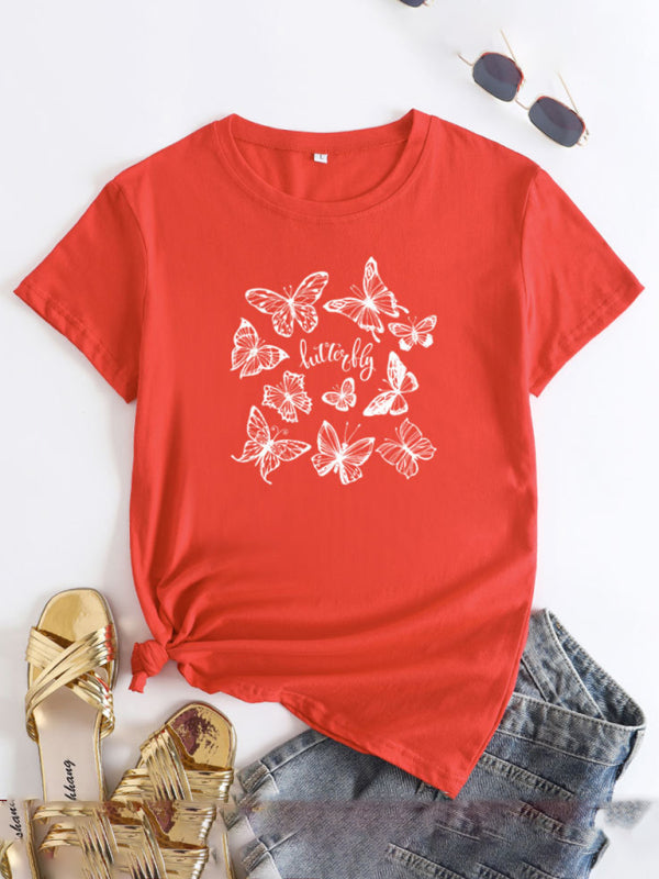 Women's Butterfly Print Round Neck Short Sleeve T-Shirt - K - 12 COLORS -