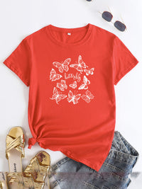 Thumbnail for Women's Butterfly Print Round Neck Short Sleeve T-Shirt - K - 12 COLORS -