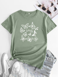 Thumbnail for Women's Butterfly Print Round Neck Short Sleeve T-Shirt - K - 12 COLORS -