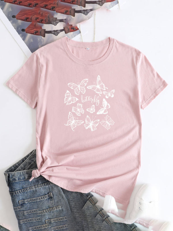 Women's Butterfly Print Round Neck Short Sleeve T-Shirt - K - 12 COLORS -