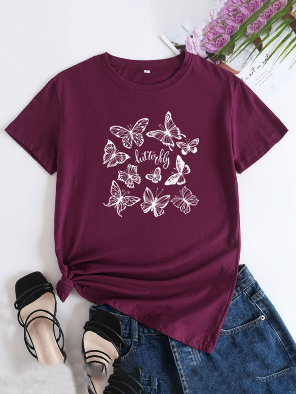 Women's Butterfly Print Round Neck Short Sleeve T-Shirt - K - 12 COLORS -