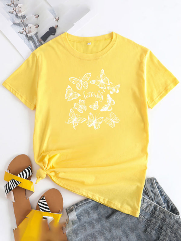 Women's Butterfly Print Round Neck Short Sleeve T-Shirt - K - 12 COLORS -