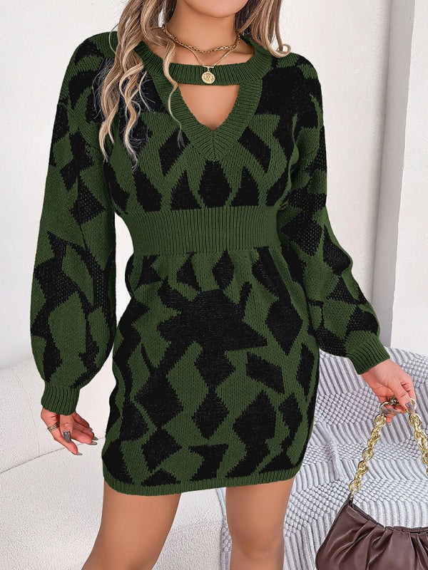 New casual color-blocked hollow lantern sleeve waisted sweater Dress - K - 3 COLORS -