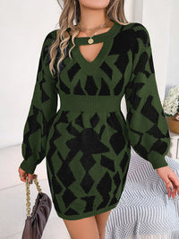 Thumbnail for New casual color-blocked hollow lantern sleeve waisted sweater Dress - K - 3 COLORS -