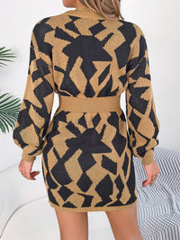 Thumbnail for New casual color-blocked hollow lantern sleeve waisted sweater Dress - K - 3 COLORS -