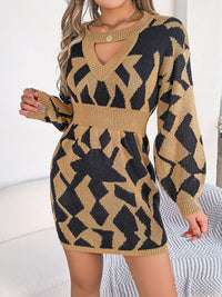 Thumbnail for New casual color-blocked hollow lantern sleeve waisted sweater Dress - K - 3 COLORS -