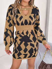 Thumbnail for New casual color-blocked hollow lantern sleeve waisted sweater Dress - K - 3 COLORS -