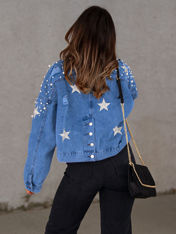 Pearl Studded Distressed Denim Jacket - K - 3 COLORS -