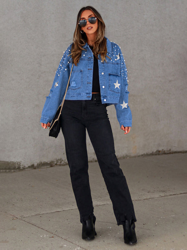 Pearl Studded Distressed Denim Jacket - K - 3 COLORS -