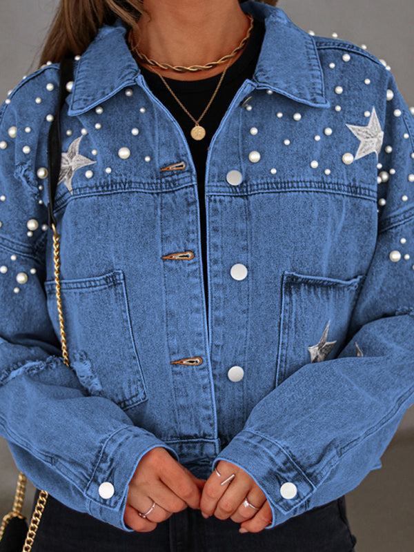 Pearl Studded Distressed Denim Jacket - K - 3 COLORS -