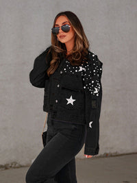 Thumbnail for Pearl Studded Distressed Denim Jacket - K - 3 COLORS -