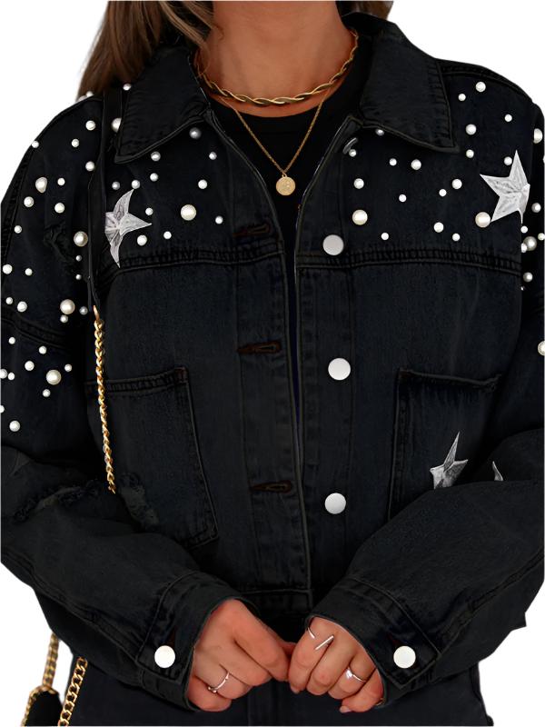 Pearl Studded Distressed Denim Jacket - K - 3 COLORS -