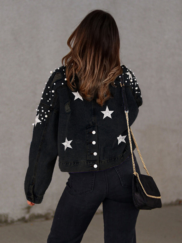 Pearl Studded Distressed Denim Jacket - K - 3 COLORS -