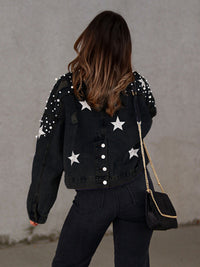 Thumbnail for Pearl Studded Distressed Denim Jacket - K - 3 COLORS -