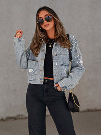 Thumbnail for Pearl Studded Distressed Denim Jacket - K - 3 COLORS -