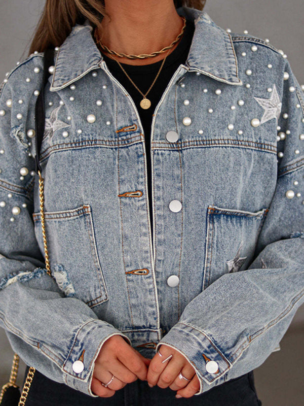 Pearl Studded Distressed Denim Jacket - K - 3 COLORS -