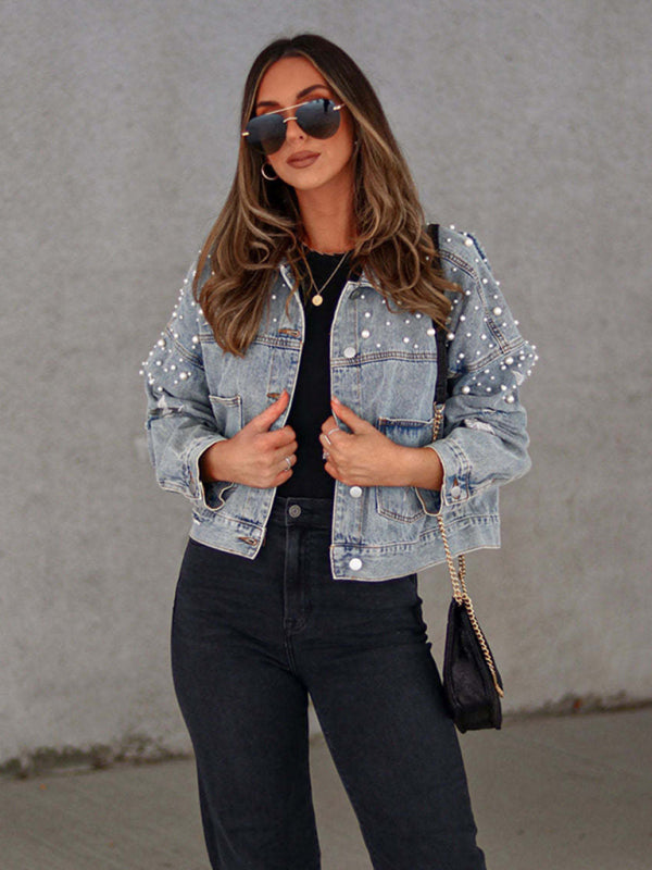 Pearl Studded Distressed Denim Jacket - K - 3 COLORS -