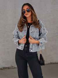 Thumbnail for Pearl Studded Distressed Denim Jacket - K - 3 COLORS -