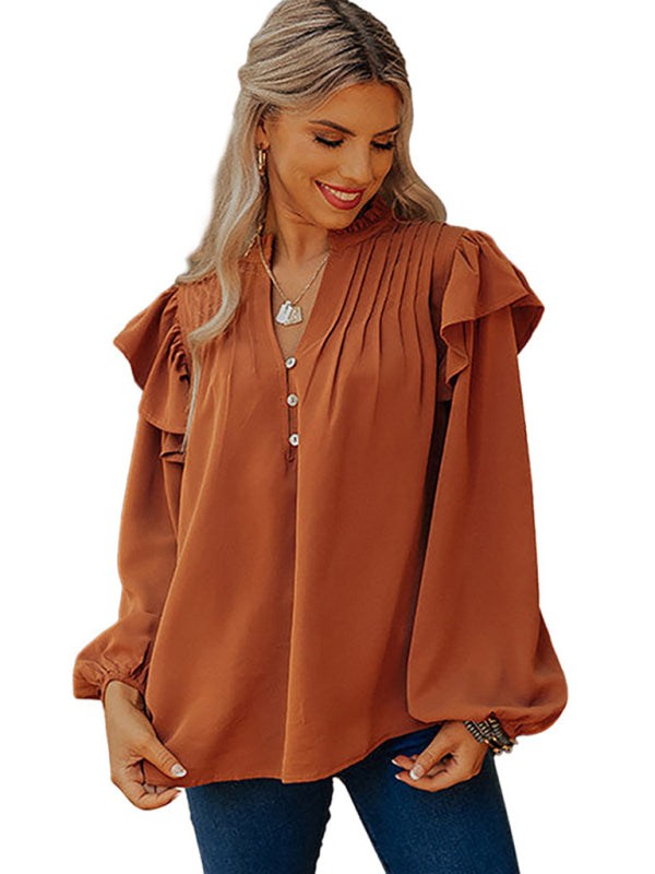 V-neck pullover lantern sleeves loose and fashionable ruffled button top - K - 1 COLOR -