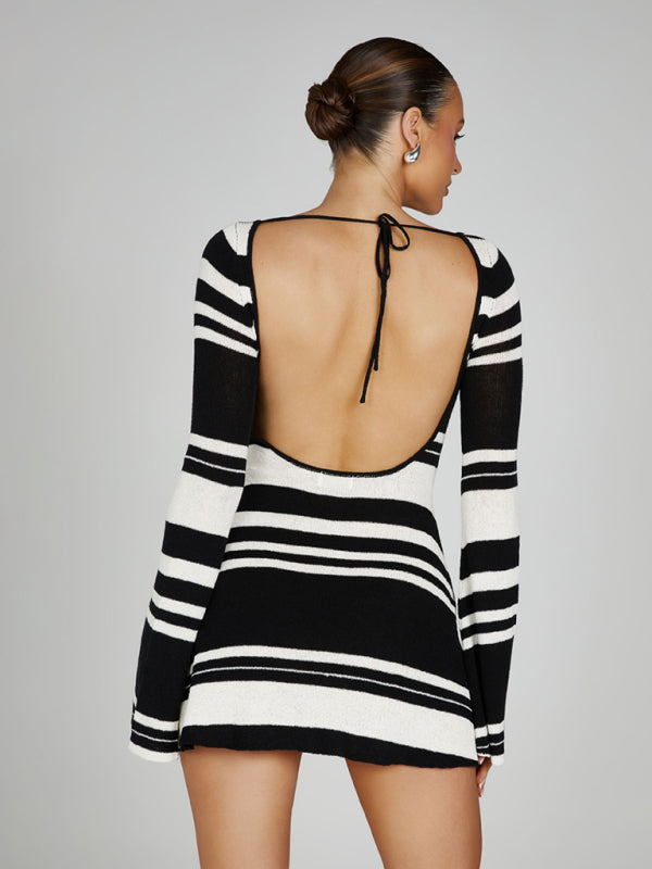 Women's bell sleeves backless striped slim knitted Dress - K - 4 COLORS -