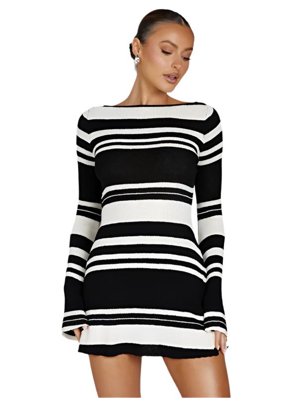 Women's bell sleeves backless striped slim knitted Dress - K - 4 COLORS -