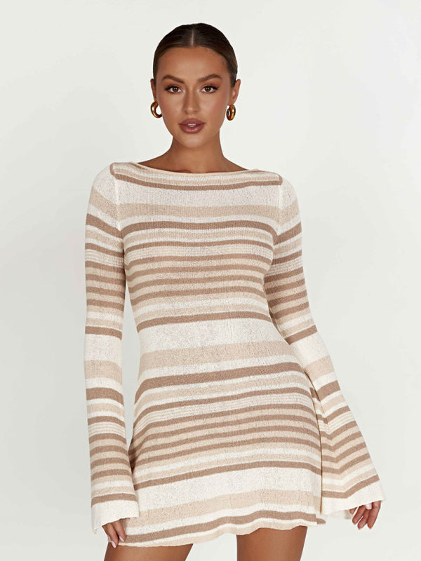 Women's bell sleeves backless striped slim knitted Dress - K - 4 COLORS -