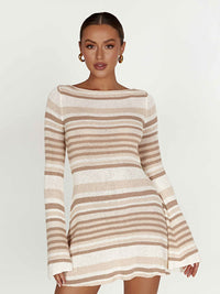 Thumbnail for Women's bell sleeves backless striped slim knitted Dress - K - 4 COLORS -