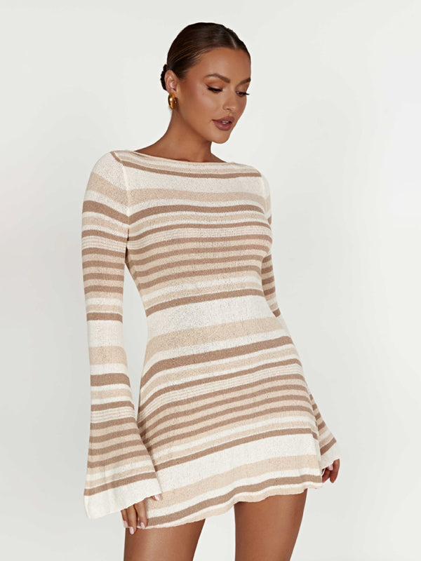 Women's bell sleeves backless striped slim knitted Dress - K - 4 COLORS -