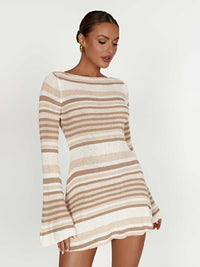 Thumbnail for Women's bell sleeves backless striped slim knitted Dress - K - 4 COLORS -