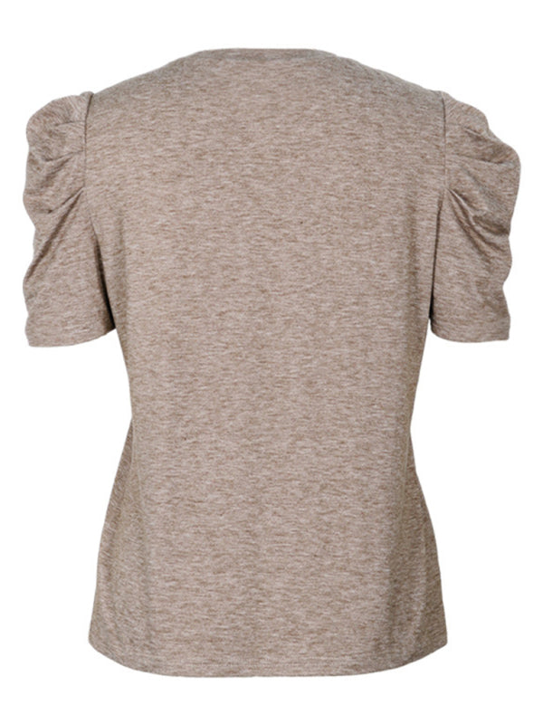 Women's Lace Spliced Puff Sleeve T-Shirt - K - 1 COLOR -