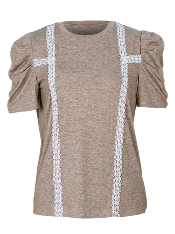 Women's Lace Spliced Puff Sleeve T-Shirt - K - 1 COLOR -