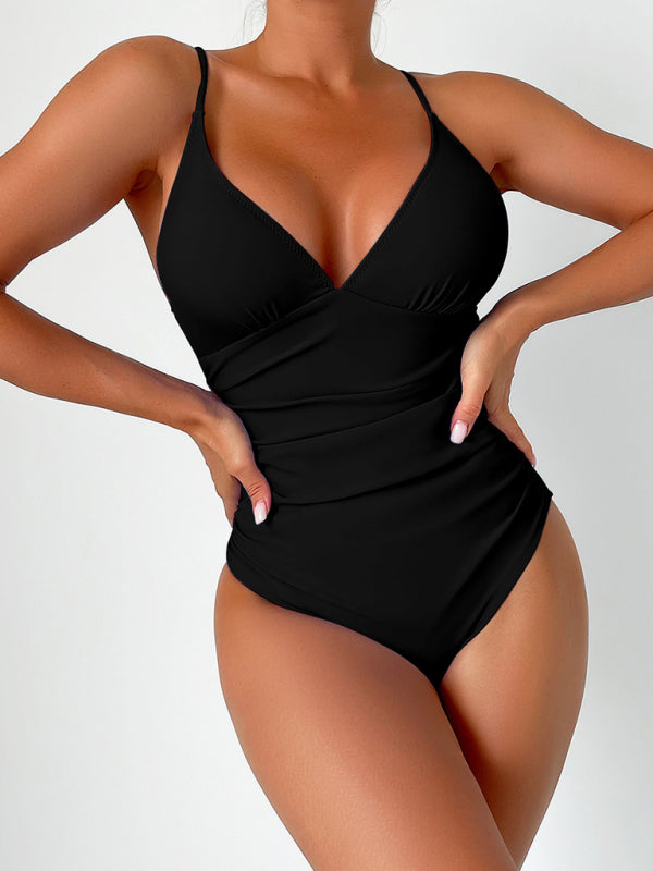 New solid color deep V one-piece swimsuit - K - 8 COLORS -