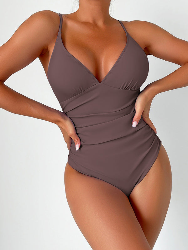 New solid color deep V one-piece swimsuit - K - 8 COLORS -