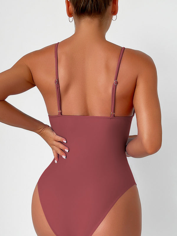 New solid color deep V one-piece swimsuit - K - 8 COLORS -