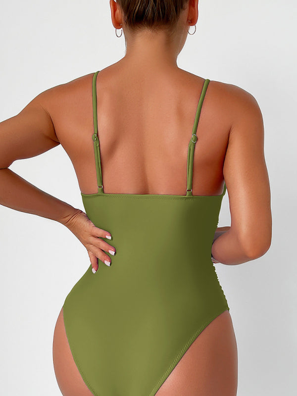 New solid color deep V one-piece swimsuit - K - 8 COLORS -