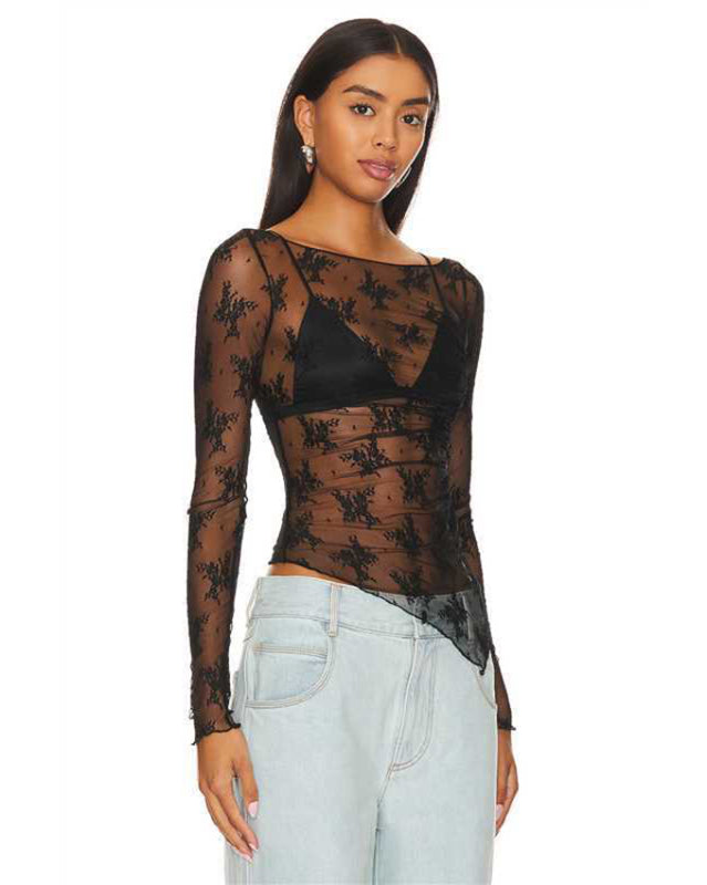 New mesh sexy see-through small stand-up collar long-sleeved lace shirt - Beach or Everyday - K - 1 COLOR -