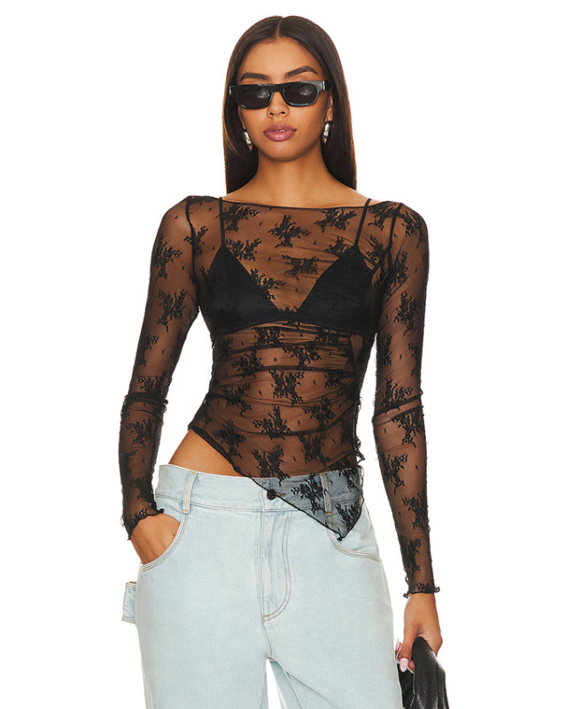 New mesh sexy see-through small stand-up collar long-sleeved lace shirt - Beach or Everyday - K - 1 COLOR -