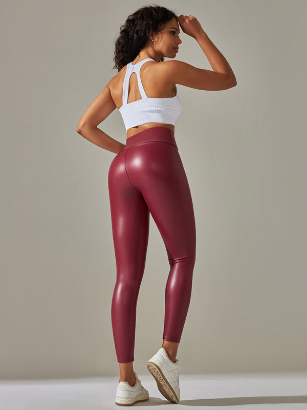 New Women's Leggings high waist tight Faux(PU) leather pants colorful yoga Leggings - K - 6 COLORS -