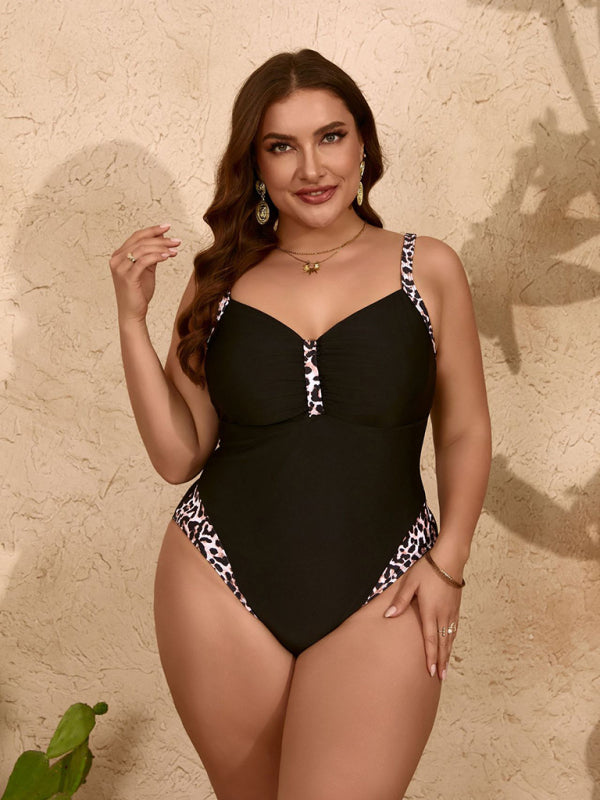 Plus size pure black leopard print one-piece slim bikini swimsuit - SIZES L THRU 5XL - K - 1 COLOR -