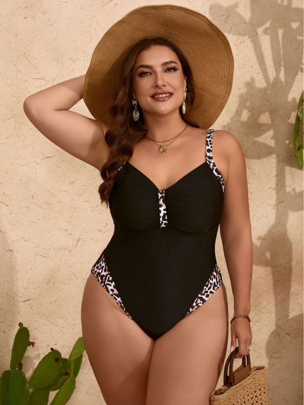 Plus size pure black leopard print one-piece slim bikini swimsuit - SIZES L THRU 5XL - K - 1 COLOR -