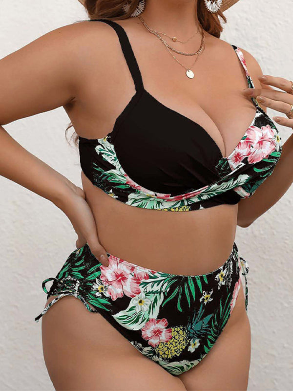 Plus size drawstring floral tankini - SIZES L THRU 5XL - K - 3 COLORS -