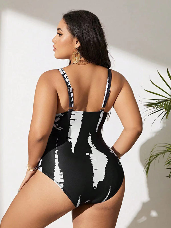 Plus size black and white one-piece slim bikini swimsuit - SIZES L THRU 5XL - K - 1 COLOR -