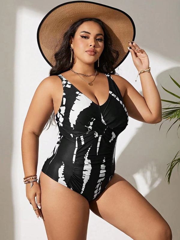 Plus size black and white one-piece slim bikini swimsuit - SIZES L THRU 5XL - K - 1 COLOR -