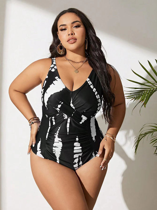 Plus size black and white one-piece slim bikini swimsuit - SIZES L THRU 5XL - K - 1 COLOR -