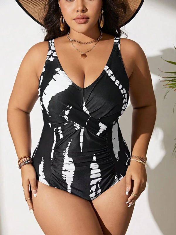 Plus size black and white one-piece slim bikini swimsuit - SIZES L THRU 5XL - K - 1 COLOR -