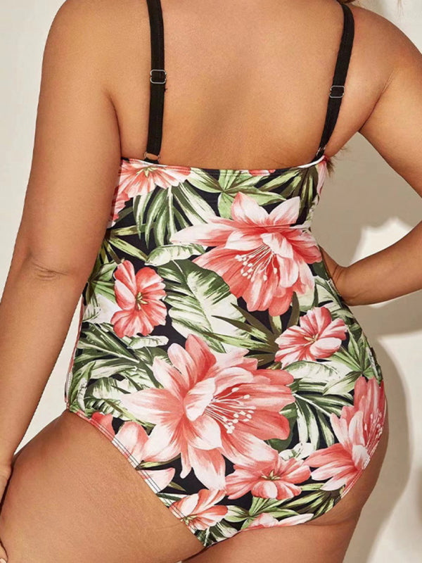 Plus size sexy printed hip-covering strappy one-piece swimsuit - SIZES L THRU 5XL - K - 5 COLORS -