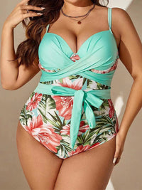 Thumbnail for Plus size sexy printed hip-covering strappy one-piece swimsuit - SIZES L THRU 5XL - K - 5 COLORS -