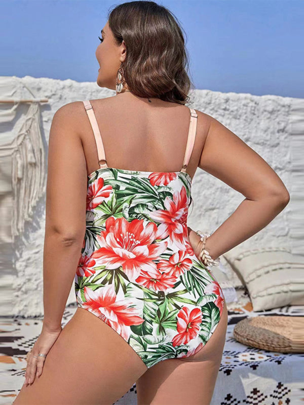 Plus size sexy printed hip-covering strappy one-piece swimsuit - SIZES L THRU 5XL - K - 5 COLORS -